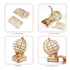 3D Globe Wooden Puzzle Toy Mechanical Assemble Building Block Earth Model Set for Teen DIY Geography World Map Toy Gift to Build
